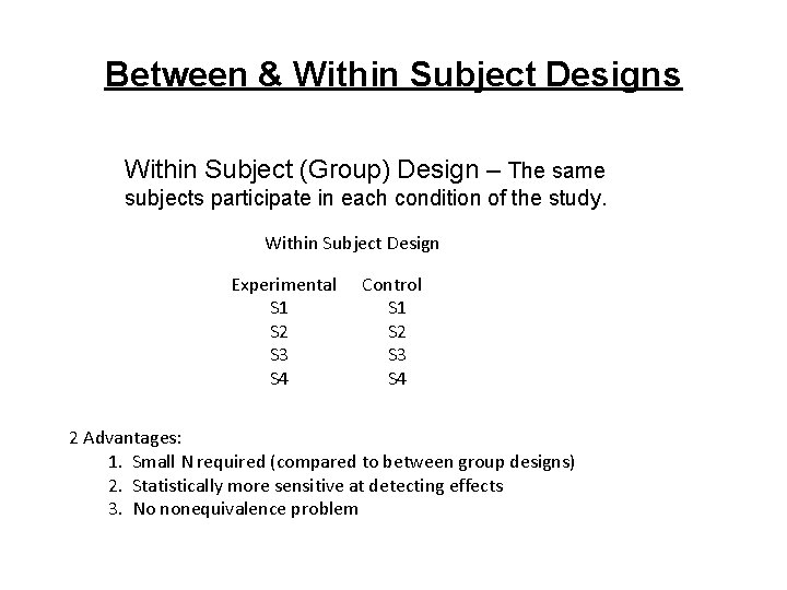 Between & Within Subject Designs Within Subject (Group) Design – The same subjects participate