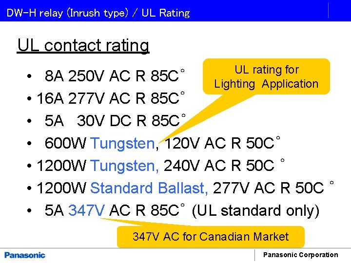 DW-H relay (Inrush type) / UL Rating UL contact rating UL rating for Lighting
