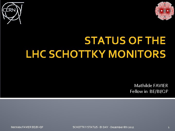 STATUS OF THE LHC SCHOTTKY MONITORS Mathilde FAVIER Fellow in BE/BI/QP Mathilde FAVIER BE/BI-QP STATUS OF THE LHC SCHOTTKY MONITORS Mathilde FAVIER Fellow in BE/BI/QP Mathilde FAVIER BE/BI-QP