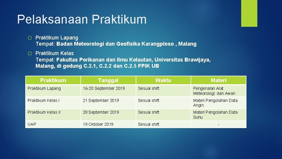 Pelaksanaan Praktikum � Praktikum Lapang Tempat: Badan Meteorologi dan Geofisika Karangploso , Malang �