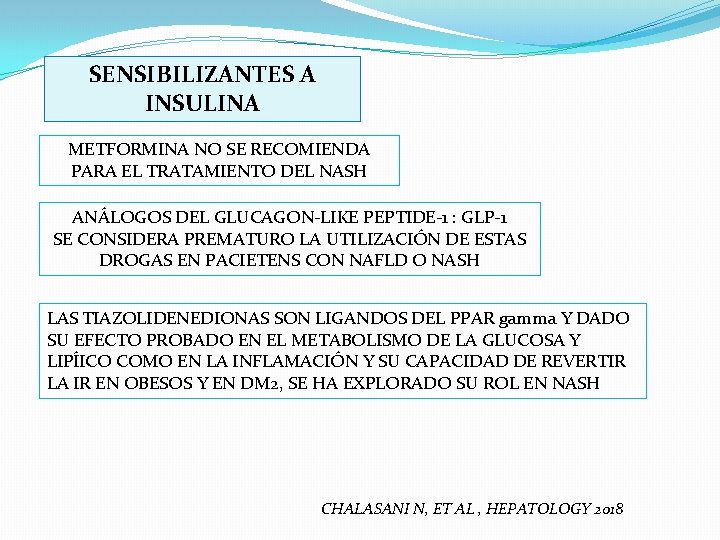 SENSIBILIZANTES A INSULINA METFORMINA NO SE RECOMIENDA PARA EL TRATAMIENTO DEL NASH ANÁLOGOS DEL
