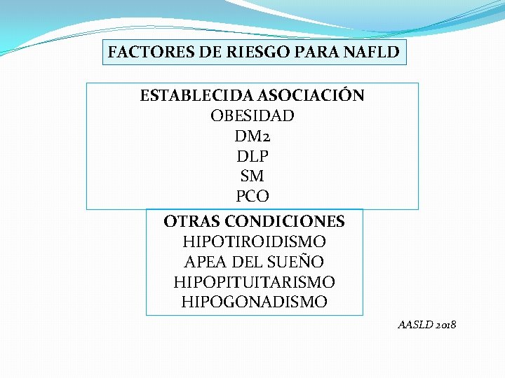 FACTORES DE RIESGO PARA NAFLD ESTABLECIDA ASOCIACIÓN OBESIDAD DM 2 DLP SM PCO OTRAS