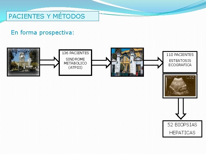 PACIENTES Y MÉTODOS En forma prospectiva: 136 PACIENTES 110 PACIENTES SINDROME METABOLICO (ATPIII) ESTEATOSIS