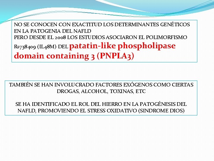 NO SE CONOCEN CON EXACTITUD LOS DETERMINANTES GENÉTICOS EN LA PATOGENIA DEL NAFLD PERO
