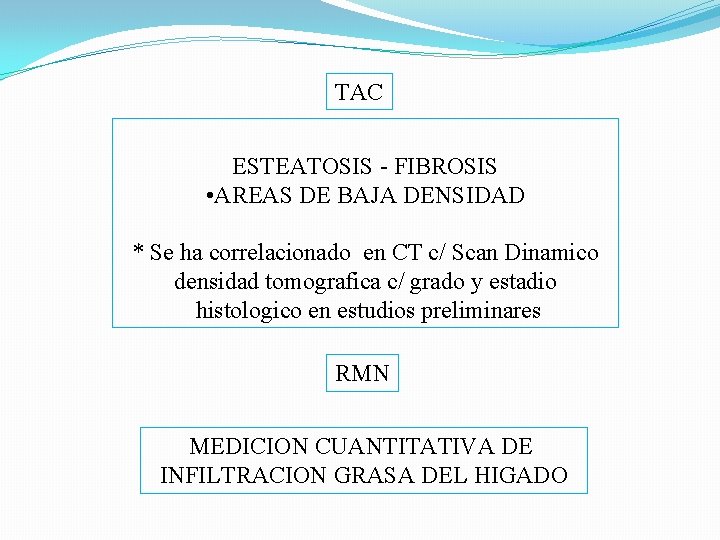 TAC ESTEATOSIS - FIBROSIS • AREAS DE BAJA DENSIDAD * Se ha correlacionado en