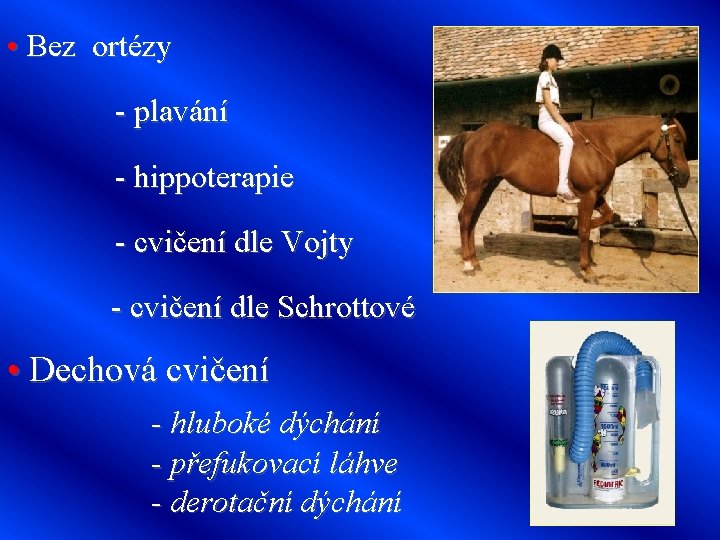  • Bez ortézy - plavání - hippoterapie - cvičení dle Vojty - cvičení