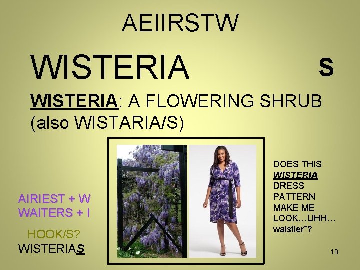 AEIIRSTW WISTERIA S WISTERIA: A FLOWERING SHRUB (also WISTARIA/S) AIRIEST + W WAITERS + AEIIRSTW WISTERIA S WISTERIA: A FLOWERING SHRUB (also WISTARIA/S) AIRIEST + W WAITERS +