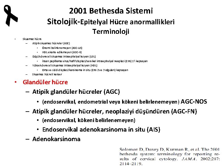2001 Bethesda Sistemi Sitolojik-Epitelyal Hücre anormallikleri Terminoloji • Skuamoz hücre – Atipik skuamoz hücreler