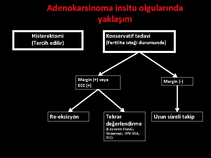 Adenokarsinoma insitu olgularında yaklaşım Histerektomi (Tercih edilir) Konservatif tedavi (Fertilite isteği durumunda) Margin (+)