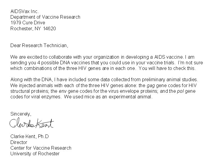 AIDSVax Inc. Department of Vaccine Research 1979 Cure Drive Rochester, NY 14620 Dear Research