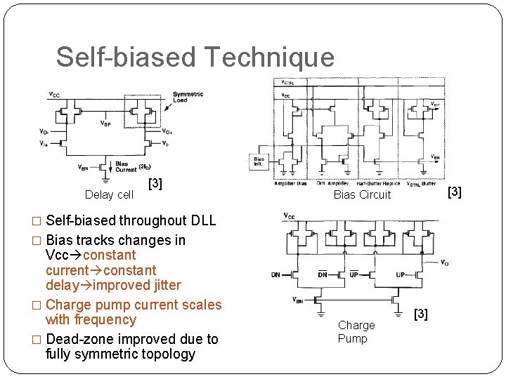 Self-biased Technique Delay cell [3] Bias Circuit � Self-biased throughout DLL � Bias tracks
