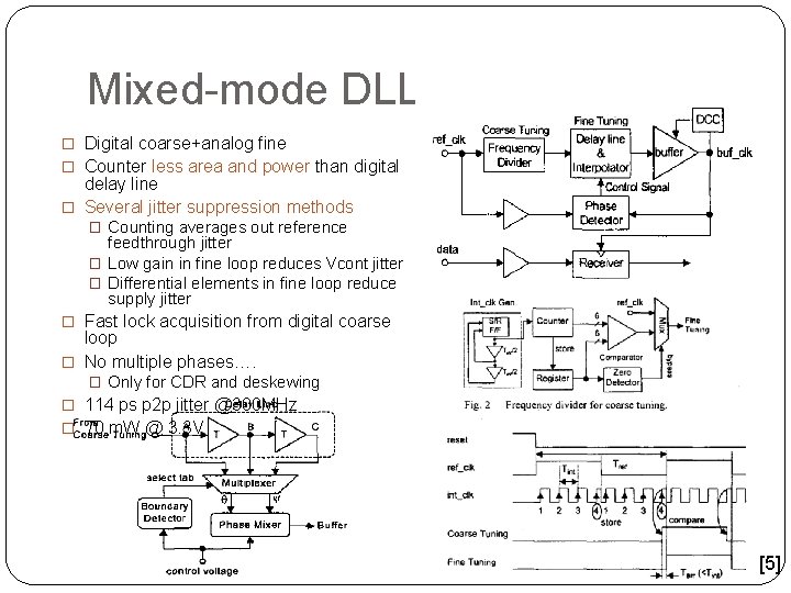 Mixed-mode DLL � Digital coarse+analog fine � Counter less area and power than digital