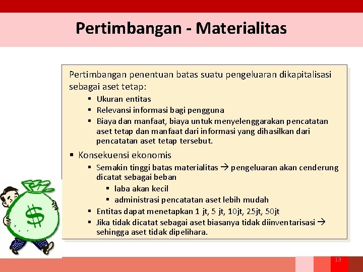 Pertimbangan - Materialitas Pertimbangan penentuan batas suatu pengeluaran dikapitalisasi sebagai aset tetap: § Ukuran