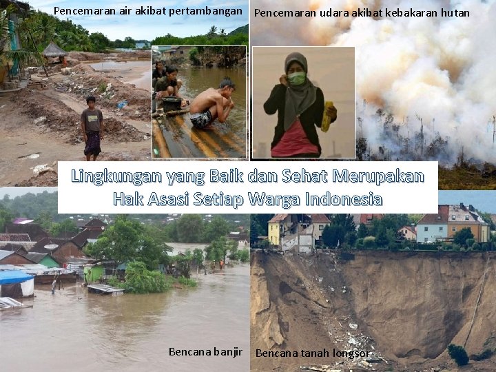 Pencemaran air akibat pertambangan Pencemaran udara akibat kebakaran hutan Lingkungan yang Baik dan Sehat