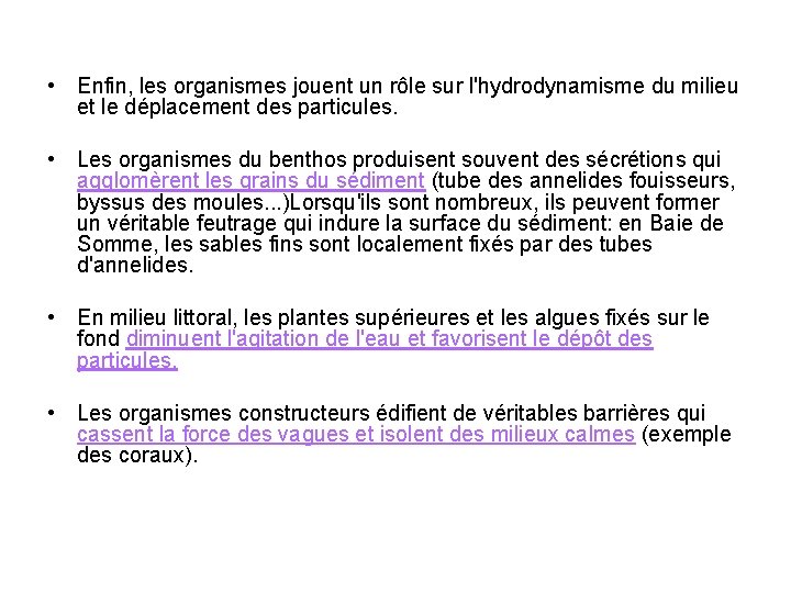  • Enfin, les organismes jouent un rôle sur l'hydrodynamisme du milieu et le