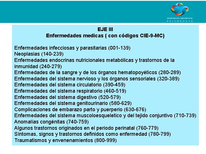 EJE III Enfermedades medicas ( con códigos CIE-9 -MC) Enfermedades infecciosas y parasitarias (001