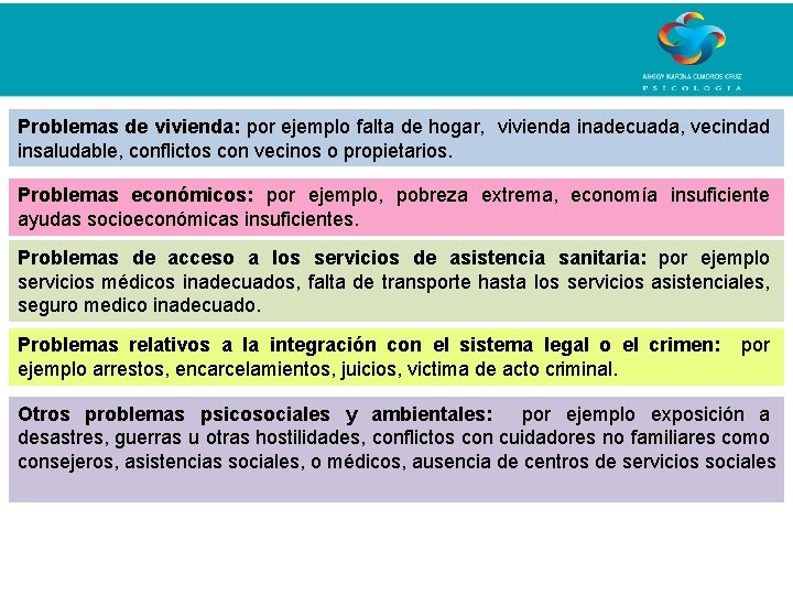 Problemas de vivienda: por ejemplo falta de hogar, vivienda inadecuada, vecindad insaludable, conflictos con