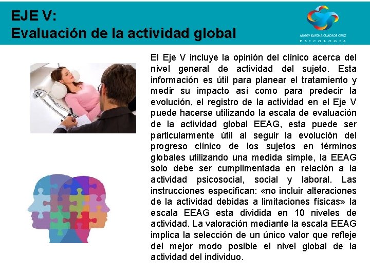 EJE V: Evaluación de la actividad global El Eje V incluye la opinión del