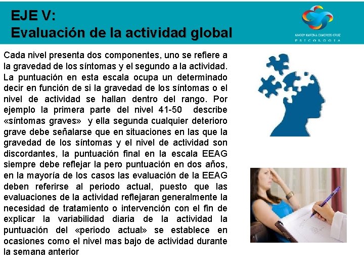 EJE V: Evaluación de la actividad global Cada nivel presenta dos componentes, uno se