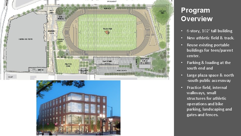 Program Overview • 6 -story, 102’ tall building • New athletic field & track.