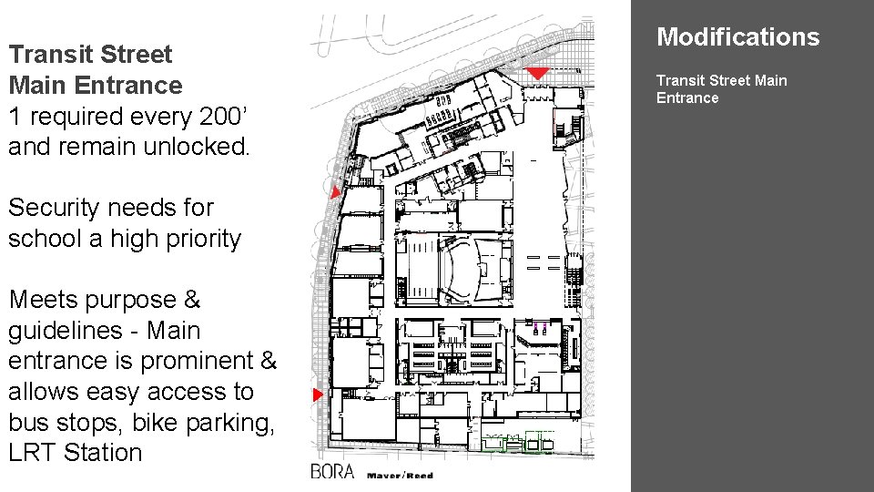 Transit Street Main Entrance 1 required every 200’ and remain unlocked. Security needs for