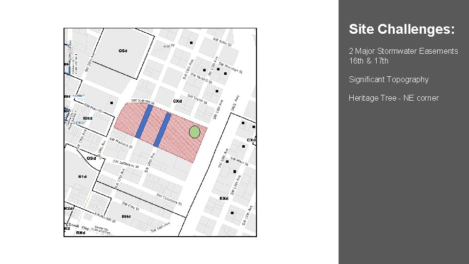 Site Challenges: 2 Major Stormwater Easements 16 th & 17 th Significant Topography Heritage