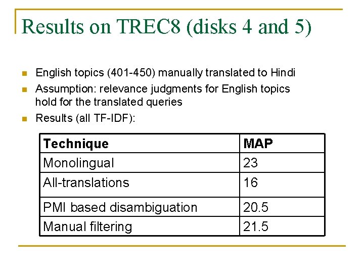 Results on TREC 8 (disks 4 and 5) n n n English topics (401