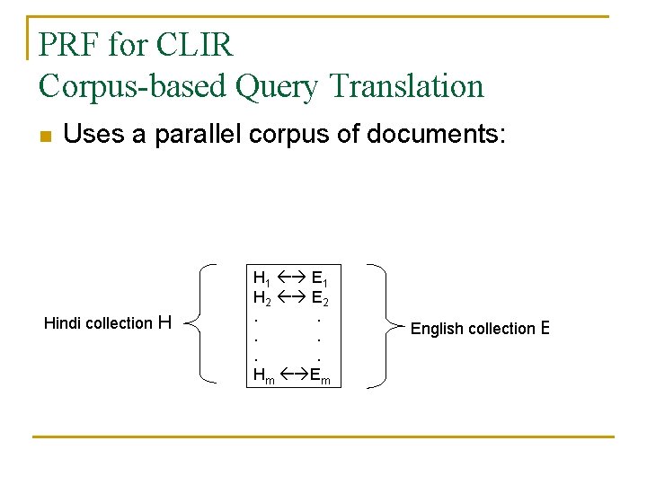 PRF for CLIR Corpus-based Query Translation n Uses a parallel corpus of documents: Hindi