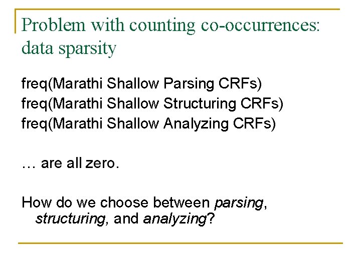 Problem with counting co-occurrences: data sparsity freq(Marathi Shallow Parsing CRFs) freq(Marathi Shallow Structuring CRFs)