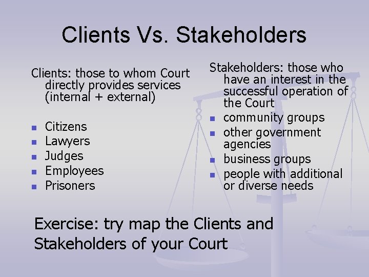 Clients Vs. Stakeholders Clients: those to whom Court directly provides services (internal + external)