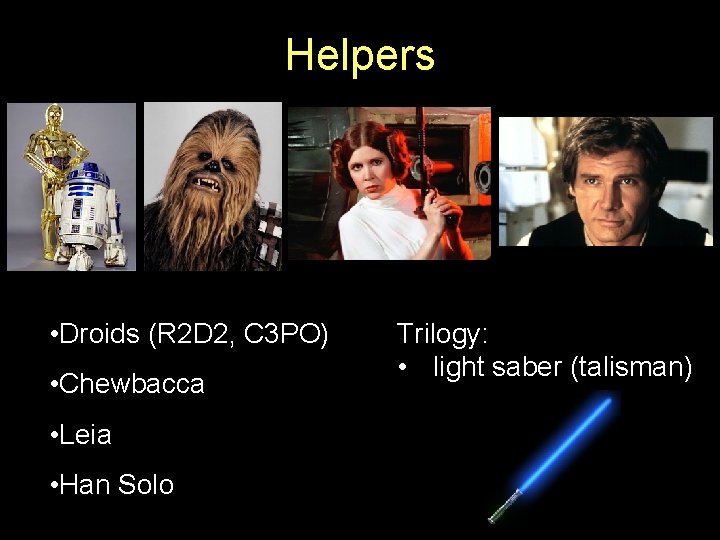 Helpers • Droids (R 2 D 2, C 3 PO) • Chewbacca • Leia