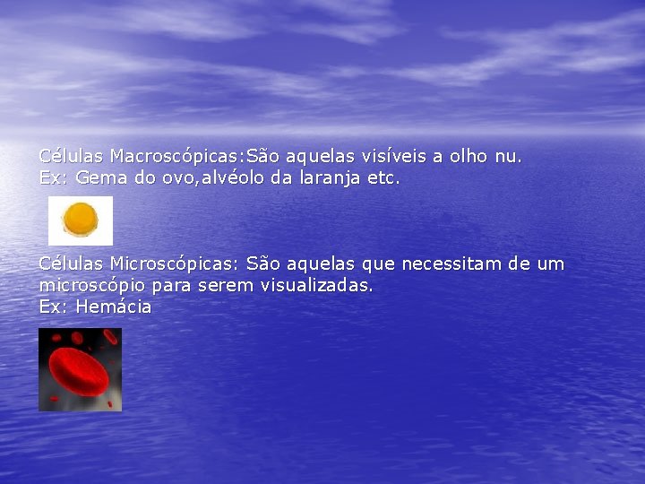 Células Macroscópicas: São aquelas visíveis a olho nu. Ex: Gema do ovo, alvéolo da