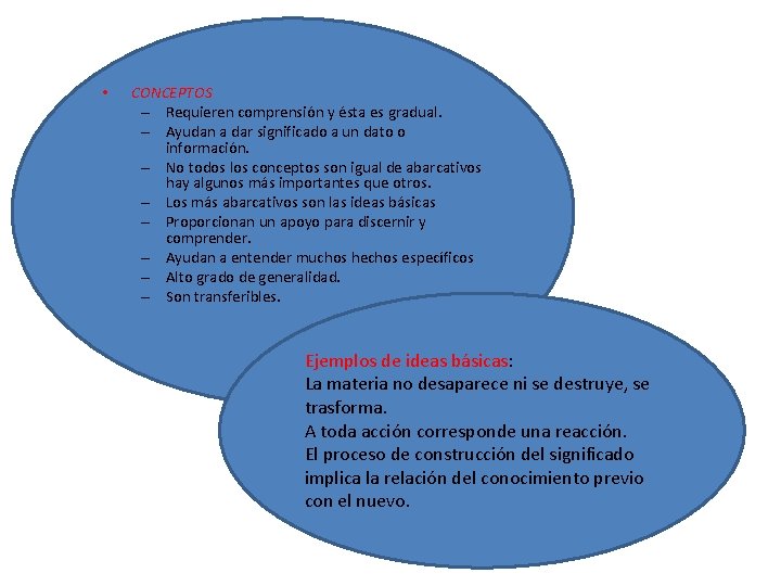  • CONCEPTOS – Requieren comprensión y ésta es gradual. – Ayudan a dar