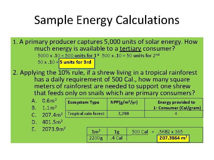 Sample Energy Calculations 1. A primary producer captures 5, 000 units of solar energy.