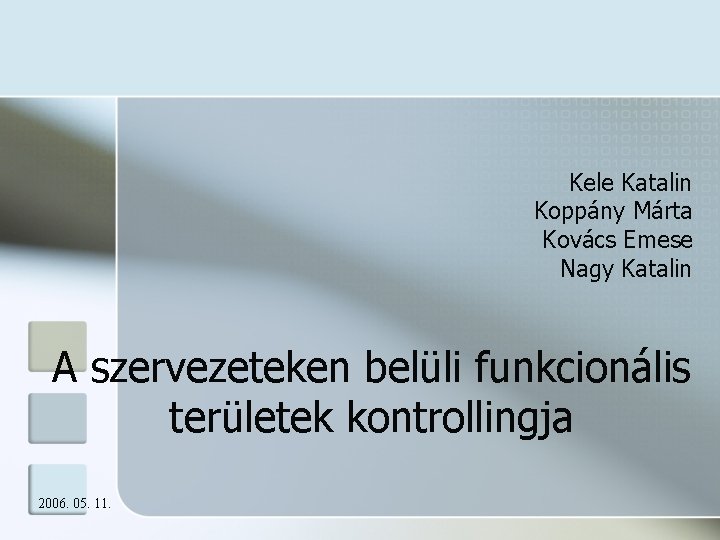 Kele Katalin Koppány Márta Kovács Emese Nagy Katalin A szervezeteken belüli funkcionális területek kontrollingja