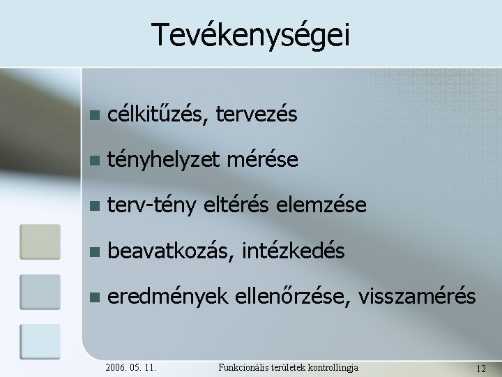 Tevékenységei n célkitűzés, tervezés n tényhelyzet mérése n terv-tény eltérés elemzése n beavatkozás, intézkedés