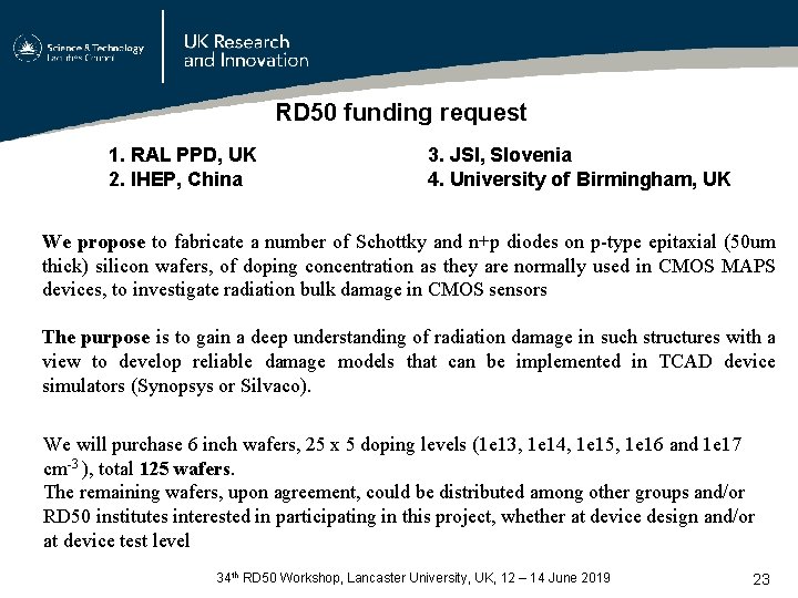RD 50 funding request 1. RAL PPD, UK 2. IHEP, China 3. JSI, Slovenia