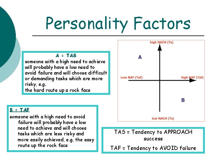 Personality Factors A = TAS someone with a high need to achieve will probably