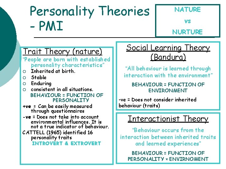 Personality Theories - PMI Trait Theory (nature) “People are born with established personality characteristics”