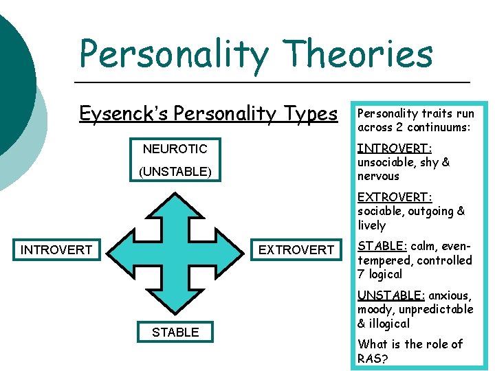 Personality Theories Eysenck’s Personality Types Personality traits run across 2 continuums: INTROVERT: unsociable, shy