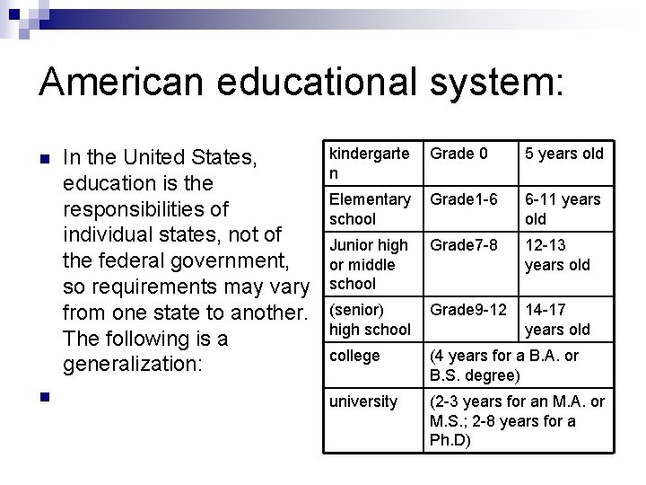 American educational system: n n In the United States, education is the responsibilities of