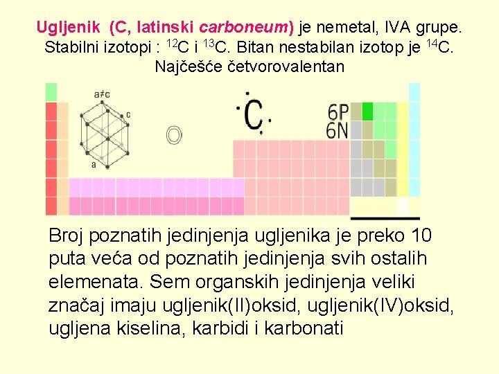 Ugljenik (C, latinski carboneum) јe nemetal, IVA grupe. Stabilni izotopi : 12 C i