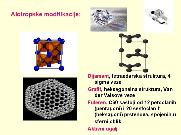 Alotropske modifikacije: Dijamant, tetraedarska struktura, 4 sigma veze Grafit, heksagonalna struktura, Van der Valsove