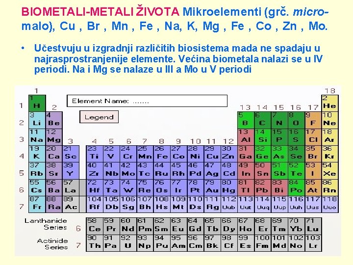 BIOMETALI-METALI ŽIVOTA Mikroelementi (grč. micro- malo), Cu , Br , Mn , Fe ,