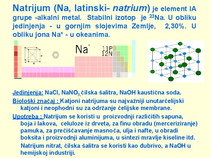 Natrijum (Na, latinski- natrium) je element IA grupe -alkalni metal. Stabilni izotop je 23