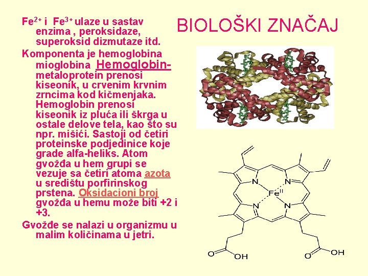 BIOLOŠKI ZNAČAJ Fe 2+ i Fe 3+ ulaze u sastav enzima , peroksidaze, superoksid