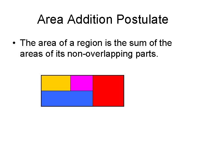 Area Addition Postulate • The area of a region is the sum of the Area Addition Postulate • The area of a region is the sum of the