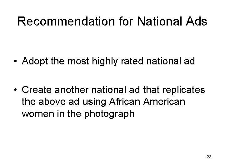 Recommendation for National Ads • Adopt the most highly rated national ad • Create