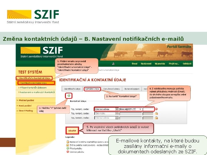 Změna kontaktních údajů – B. Nastavení notifikačních e-mailů E-mailové kontakty, na které budou zasílány