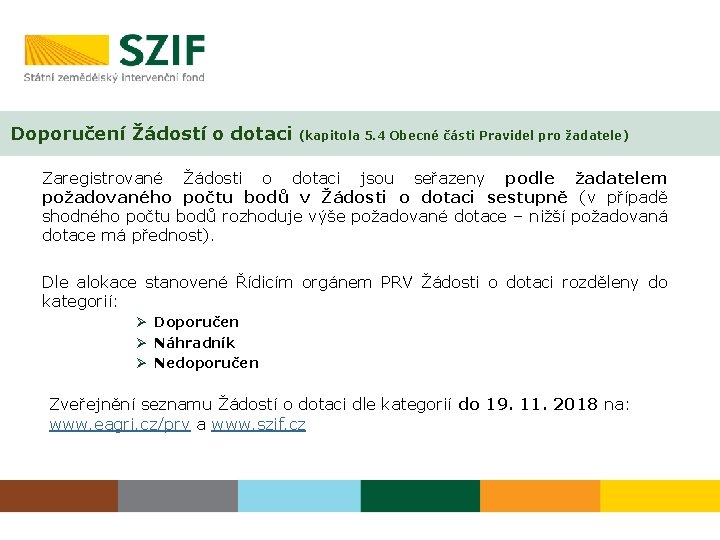 Doporučení Žádostí o dotaci (kapitola 5. 4 Obecné části Pravidel pro žadatele) Zaregistrované Žádosti